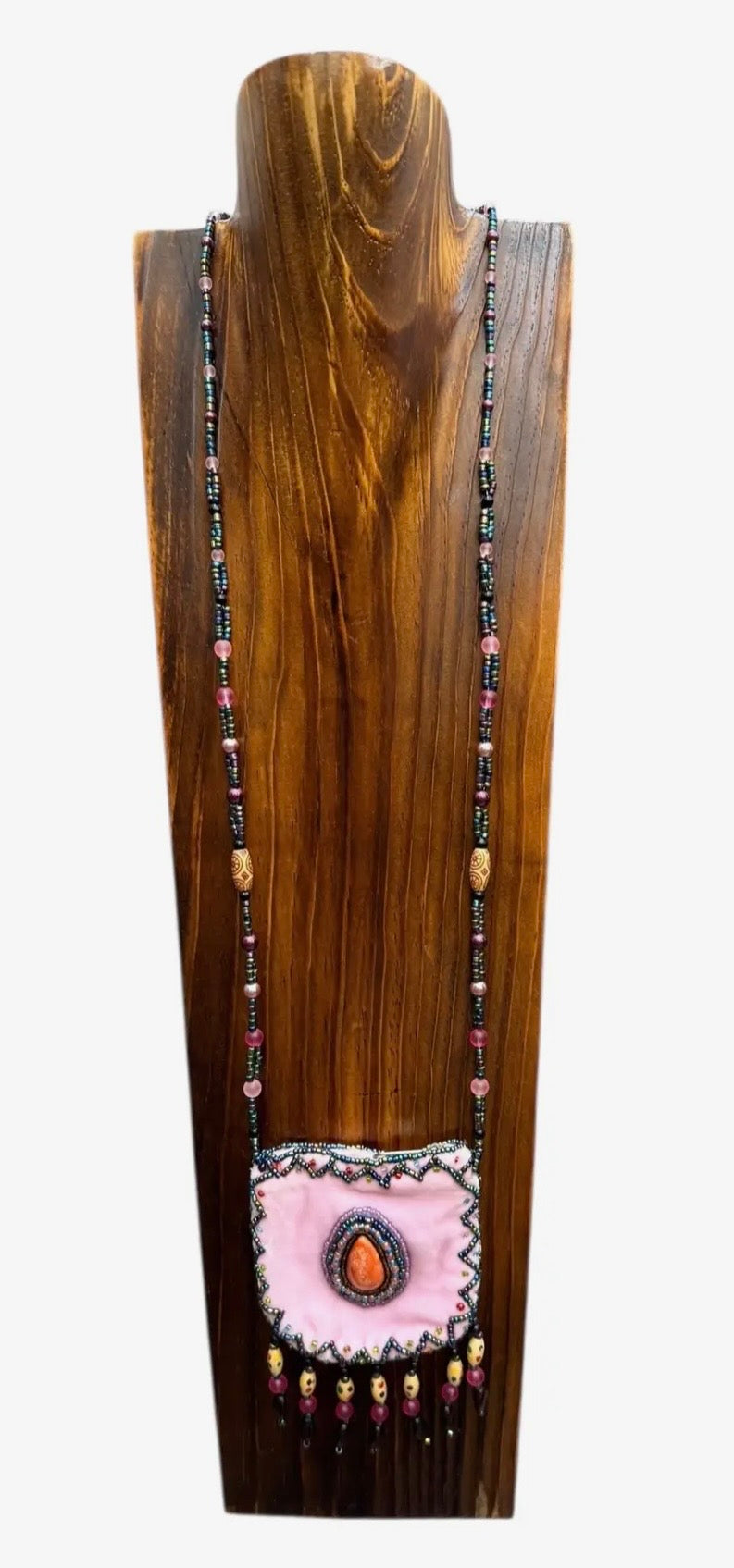 Boho beaded amulet bag necklace