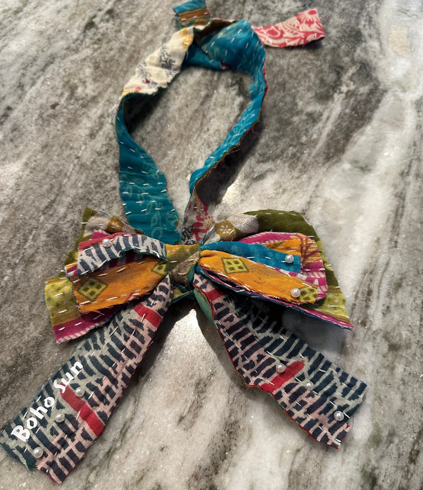 Upcycled Kantha tie jabot