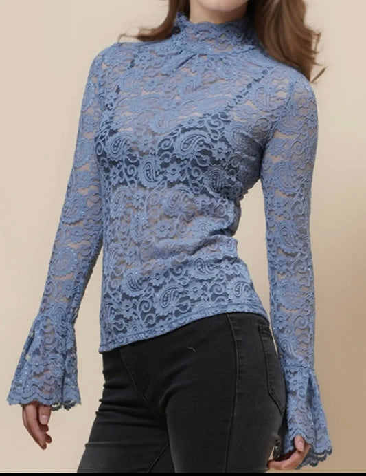 Lace bell sleeve top  blue M