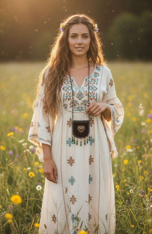 Boho beaded amulet bag necklace